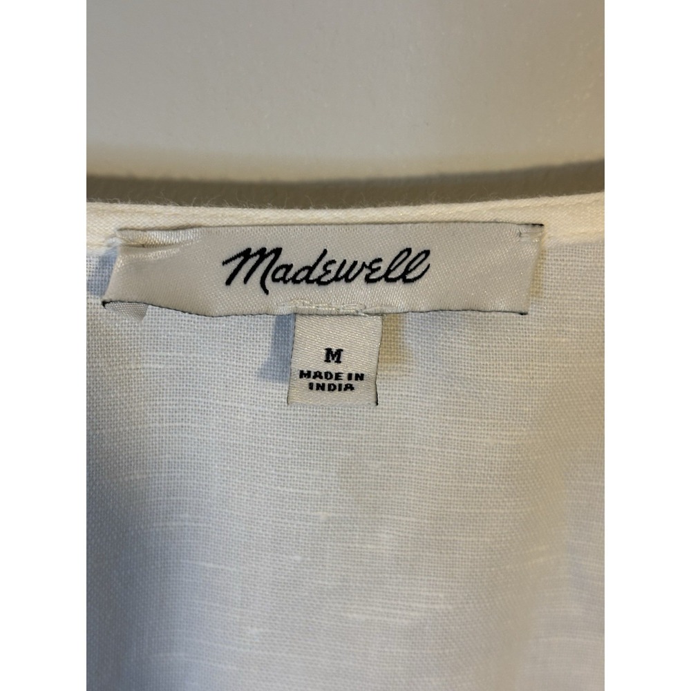 MADEWELL White Linen Babydoll Dress M Blue Floral Embroidery Boho Cottage - Picture 7 of 7
